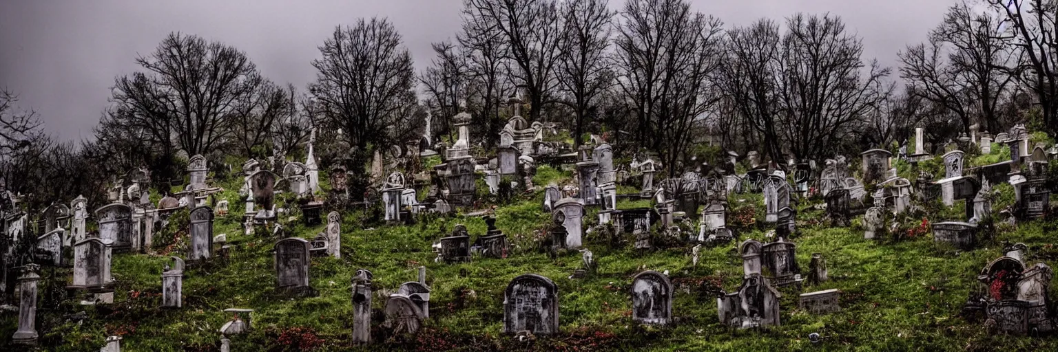 Image similar to DLSR photo of the steep hilltop of an endless creepy graveyard lit from weird supernatural weather where the real-life undead creature known as Eddie The Head (as depicted in Iron Maiden album art) stands menacingly