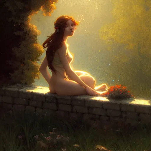 Image similar to A young woman sitting on a stone wall surrounded by water and glowing with light, intricate, delicate, elegant, highly detailed, digital painting, artstation, concept art, smooth, sharp focus, illustration, art by Krenz Cushart and Artem Demura and alphonse mucha