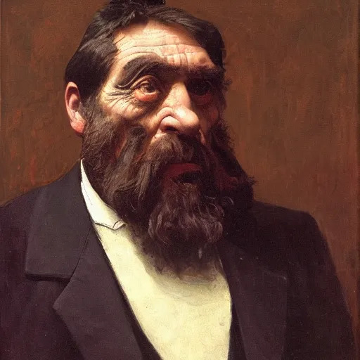 Prompt: portrait of a neanderthal as a victorian gentleman in the style of pietro annigoni, 1 8 8 5, oil on canvas, national portrait gallery