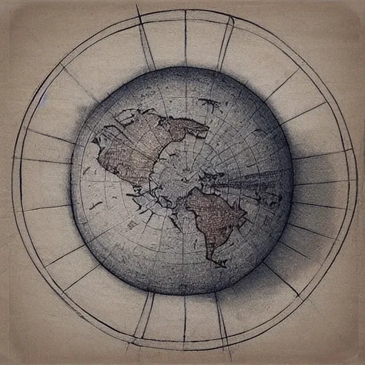 Image similar to “an ancient sketch in a on parchment of a hot-air balloon flying between fluffy white clouds, the balloon fabric is made of a round spherical world map of the earth.”