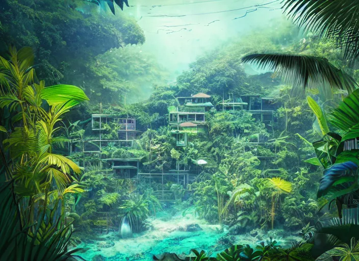 Image similar to overgrown tropical foliage overtaking japanese favela, underwater environment, borealis, scenery, professional, award - winning, trending on artstation, hyper detailed, realistic, beautiful, emotional, shiny, golden, picture