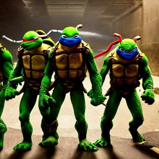 Prompt: Epic shot of Teenage Mutant Ninja Turtles coming out from the sewers