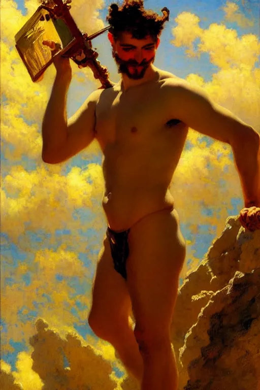 Prompt: attractive male painting sky, painting by gaston bussiere, craig mullins, j. c. leyendecker