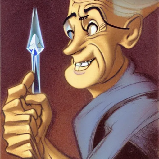 Prompt: portrait of old wizard with crystal wand, rodel gonzalez, marc davis, milt kahl, jim warren, don bluth, glen keane, jason deamer, rob kaz, character art, concept art