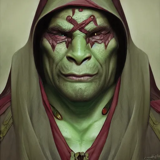 Image similar to “portrait of an orc (green skin) oracle wearing robes and a blindfold, D&D character, highly detailed, digital fantasy character painted portrait, artstation, concept art, sharp focus, illustration, art by artgerm and greg rutkowski and alphonse mucha and craig mullins and James Jean and Andrei Riabovitchev and Marc Simonetti and peter mohrbacher”