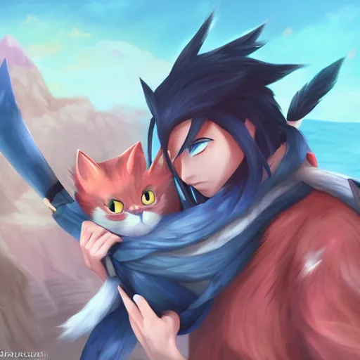 Prompt: yasuo holds yuumi by her scruff, league of legends, detailed