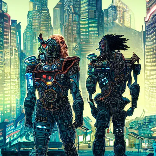 Prompt: portrait of cyborg vikings in a futuristic city by Dan Mumford and Sandra Chevrier, 4k, ultra realistic, artstation trending