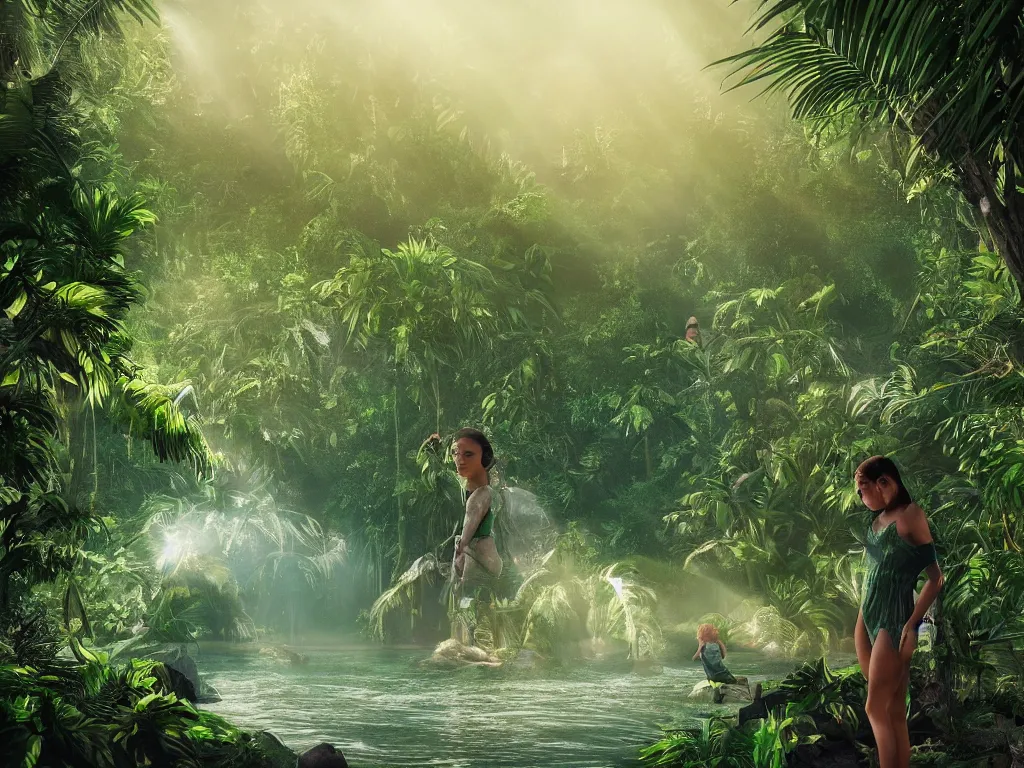 Prompt: Gigantic statue of woman's face in the jungle and tiny human adventurer. Palm trees around and the river flowing near from the mountain. Shadows, water reflections. Sun rays, god rays, lens flares. Cinematic, ArtStation, realistic photograph, ambient, shades of green, Unreal Engine 5, rendered by Octane.