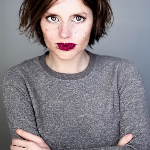 Image similar to 3 1 year old woman, short brown hair, freckles, green eyes, grey sweatshirt, rococo, elegant