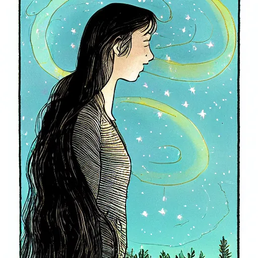 Image similar to Performance art. A beautiful illustration of a young girl with long flowing hair, looking up at the stars. She appears to be dreaming or lost in thought. by Brian K. Vaughan