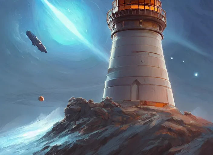 Image similar to a lighthouse in space, meteors, air shot, elegant, digital painting, concept art, smooth, sharp focus, illustration, from StarCraft by Ruan Jia and Mandy Jurgens and Artgerm and William-Adolphe Bouguerea