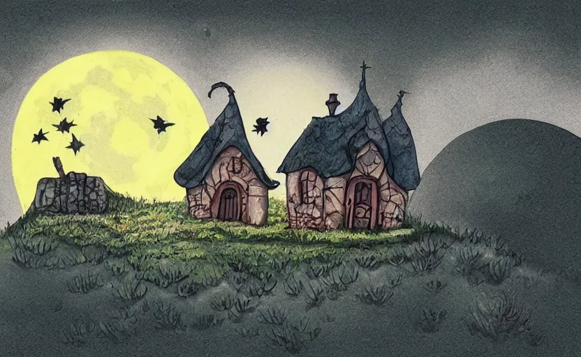 Prompt: a witch's cottage on a lonely hill against a giant moon, color ink, storybook, gouache, flat, concept art, lush