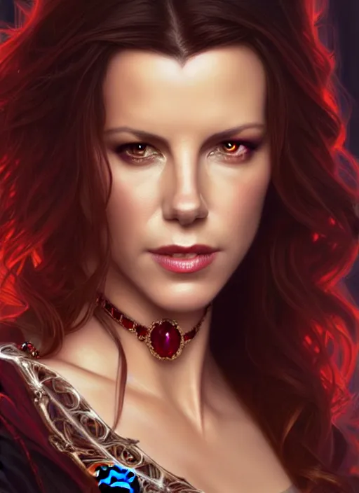 Image similar to portrait of kate beckinsale as a vampire queen, jewelry, greek, ruby, intricate, headshot, highly detailed, digital painting, artstation, concept art, sharp focus, cinematic lighting, illustration, art by artgerm and greg rutkowski, alphonse mucha, cgsociety