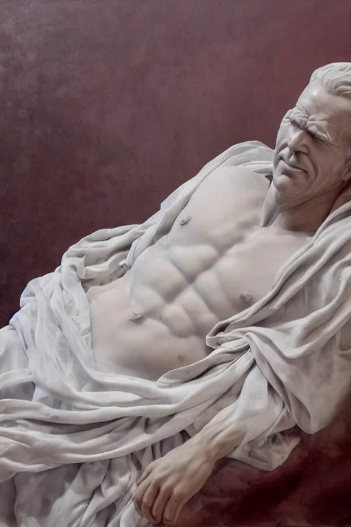 Prompt: A beautiful oil painting of a Ancient Greek Marble Sculpture of a Greek joe biden lying on a silk cloth, fog, volumetric lighting, summer, hyperrealistic, hyperdetailed.