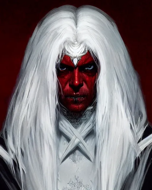 Image similar to '' Portrait of a blood warlock with white hair, dark theme, white long hair, fangs, bone wings,dark cape, dark eyes, dark red background, high detail, 4k , digital painting, artstation, concept art, sharp focus, illustration, art by greg rutkowski and alphonse mucha ''