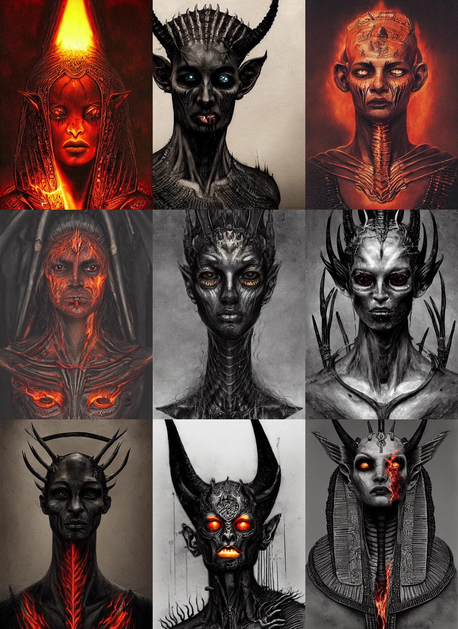 Prompt: black skinny corpse portrait horns, flaming eyes, hell, pharaoh clothes, intricate, dark, highly detailed, artstation, sharp focus, illustration, beksinski