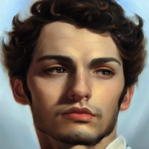 Image similar to portrait of a young italian male, dark shoulder length curly hair, closeup portrait, elegant, highly detailed, oil painting, artstation, concept art, matte, sharp focus, illustration, hearthstone, art by earl norem
