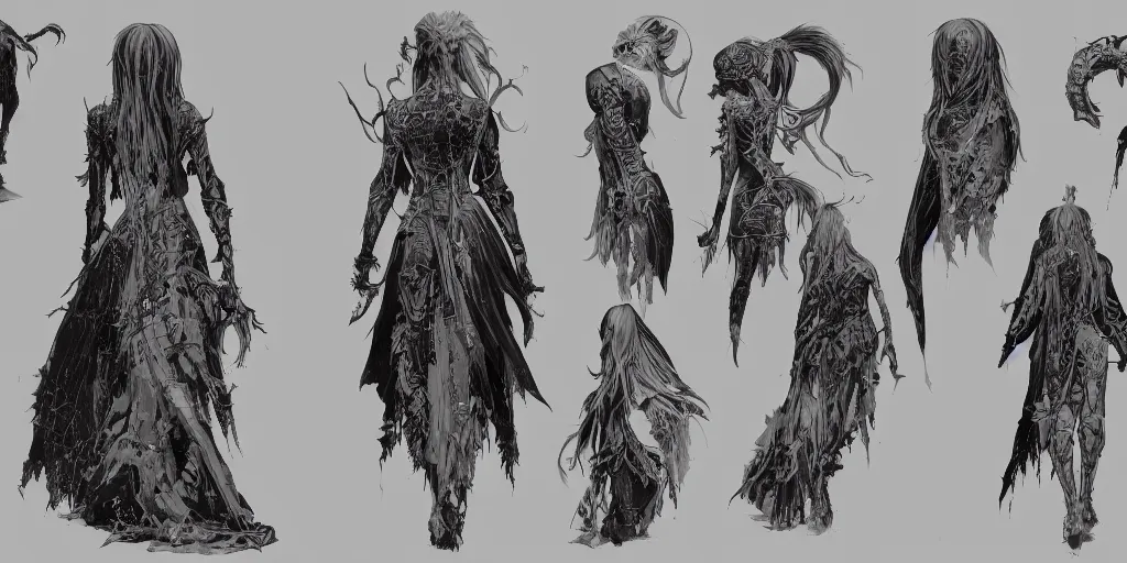 Image similar to gothic character back detail designs, Milo Manara, Greg Rutkowski, character sheet, Darek Zabrocki, Karlkka, Jayison Devadas, Phuoc Quan, trending on Artstation, 8K, ultra wide angle, pincushion lens effect