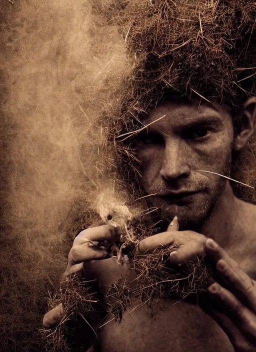 Image similar to mysterious and sensual scene of tyrolean farmer transforming into hay man with horns, roots and edelweiss growing out of the body 35mm double-exposure photo, palm body, deep shadows, german expressionism, noir, slightly colorful, photorealistic, detailed smoke, natural bones and skin, natural textures, depth of field, ambient occlusion, motion blur, HD, masterpiece, volumetric, chromatic aberration by Richard Avedon, style of Ade Santora, perfect composition, masterpiece, intricate detailed