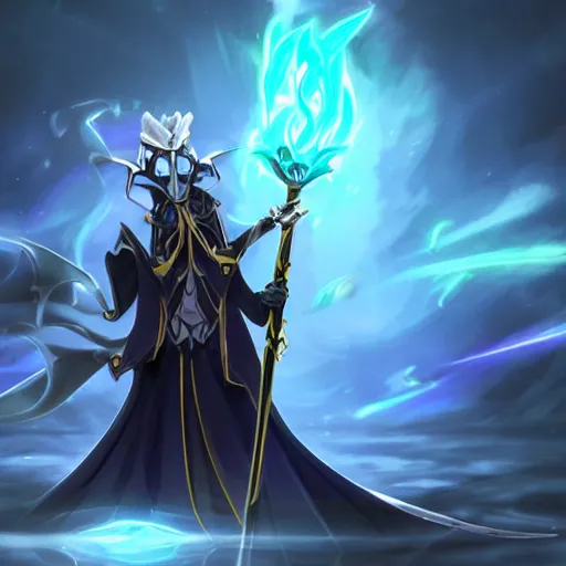 Image similar to Karthus from League of Legends holding a magical staff, laughing, anime art style