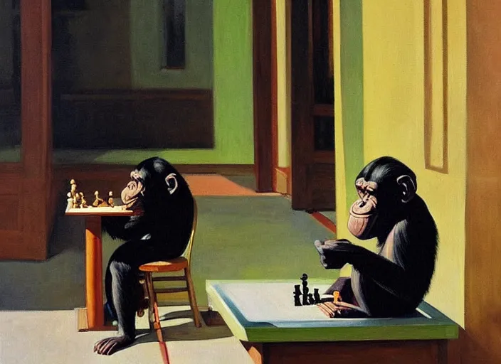 Prompt: a very very beautiful painting of a chimp playing chess in the style of edward hopper