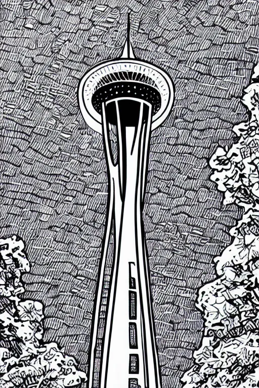 Image similar to space needle in detailed pen and ink drawing style