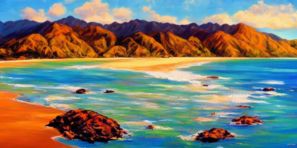 Image similar to golden bay new zealand, abel tasman, colorful oil painting, trending on artstation