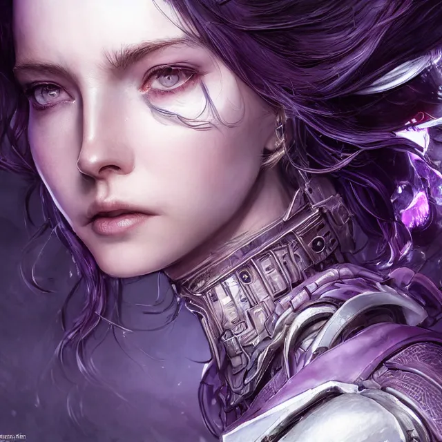 Image similar to close facial portrait of a pale woman in sci - fi armor with a flowing purple, elegant, stoic, intense, ultrafine hyperdetailed illustration by kim jung gi, irakli nadar, intricate linework, sharp focus, octopath traveler, final fantasy, hearthstone, highly rendered, global illumination, radiant light, detailed, intricate environment