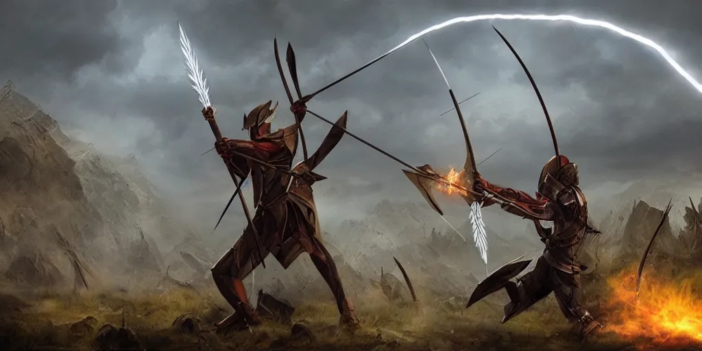 Prompt: lighting strike's archers arrow , fantasy world, realistic, sci-fi, landscape, character design, concept art,