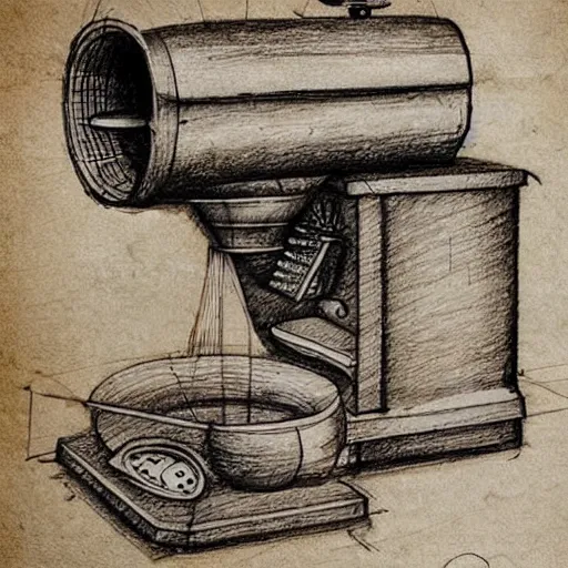 Image similar to various sketches of a futuristic coffee grinder in the style of leonardo da vinci, ultra detailed, scribbles, technical drawing, engineering blueprints