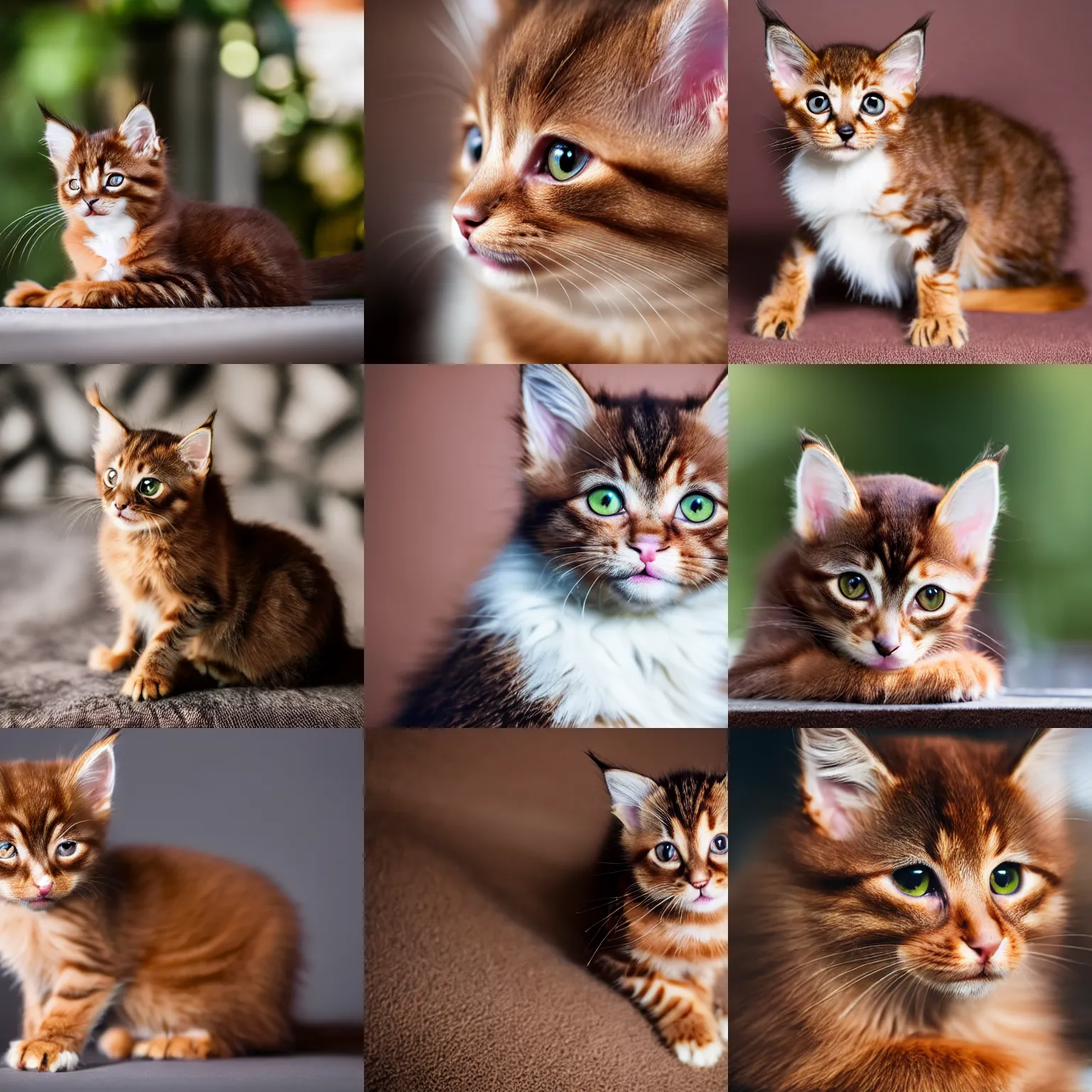 Prompt: a cute brown kitten is looking at the camera. kitten is 5 0 % maine coon and 5 0 % abyssinian. professional animal photography, soft lighting, 3 5 mm lense, bokeh, detailed.