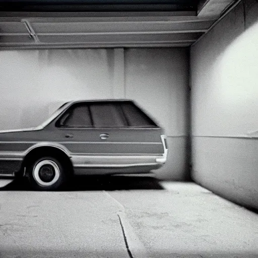 Image similar to indistinct 1975 hatchback, inside of an badly lit 1970s parking garage, ektachrome photograph, volumetric lighting, f8 aperture, cinematic Eastman 5384 film