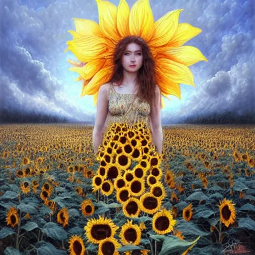 Prompt: a girl slowly walking through amazing tall sunflower field, hair flowing, early morning lightning, bad weather approaching, elegant, subtle, intricate details, real masterpiece, oil on canvas, by karol bak, ayami kojima, artgerm, smile, concept art, fantasy