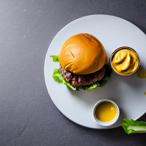 Prompt: 8 k photo of a whopper burger slathered in creamy honey mustard : spicy, low exposure