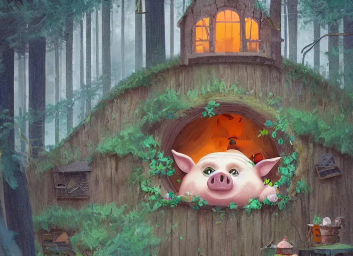 Prompt: a cartoonish cute anthropomorphic pig is at the window of a house made of straws in a mystical forest full of wonders, pine trees, magical atmosphere, trending on artstation, 30mm, by Noah Bradley trending on ArtStation, deviantart, high detail, stylized portrait H 704