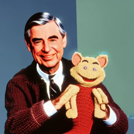 Image similar to Mister Rogers holding a devil puppet on his hand