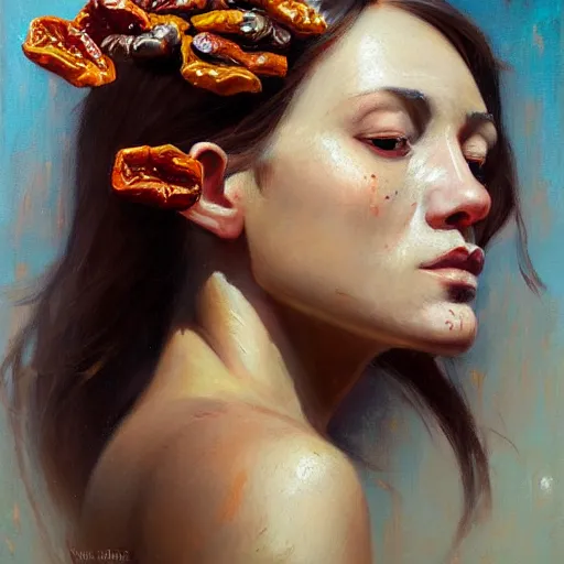 Prompt: epic painting of flying sweet dried dates fruit portrait of beautiful goddess surrounded by amy leibowitz, wlop, jeremy lipkin, beeple, intricate, artgerm, ilya kuvshinov