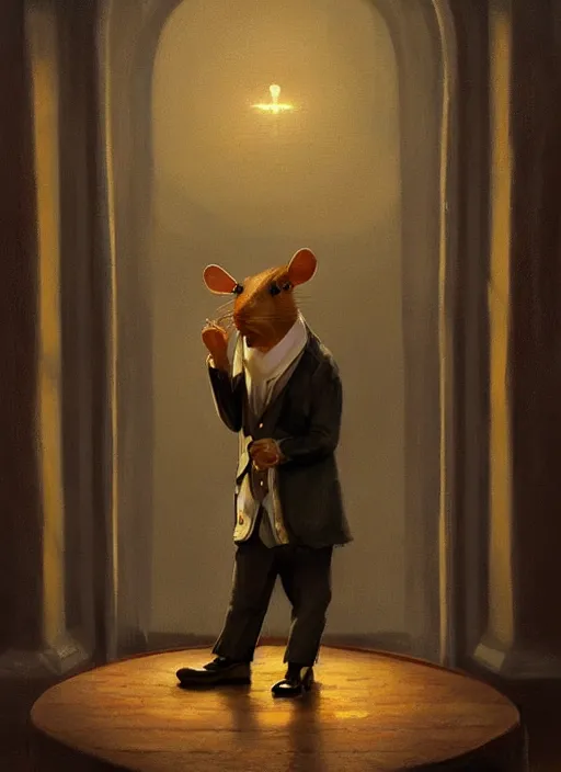 Image similar to oil painting of a rat dressed as an english professor, giving a nobel prize lecture, digital art, artstation, cinematic, golden hour, digital art painting by greg rutkowski