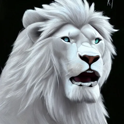 Image similar to beautiful portrait commission of a albino male furry anthro lion ice statue made entirely out of ice on display, detailed face , hyperdetailed. Character design by charlie bowater and makoto shinkai, detailed, inked, western comic book art, 2021 award winning painting