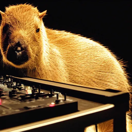 Image similar to Capybara DJing at a nightclub, HD photograph, by Michael Mann