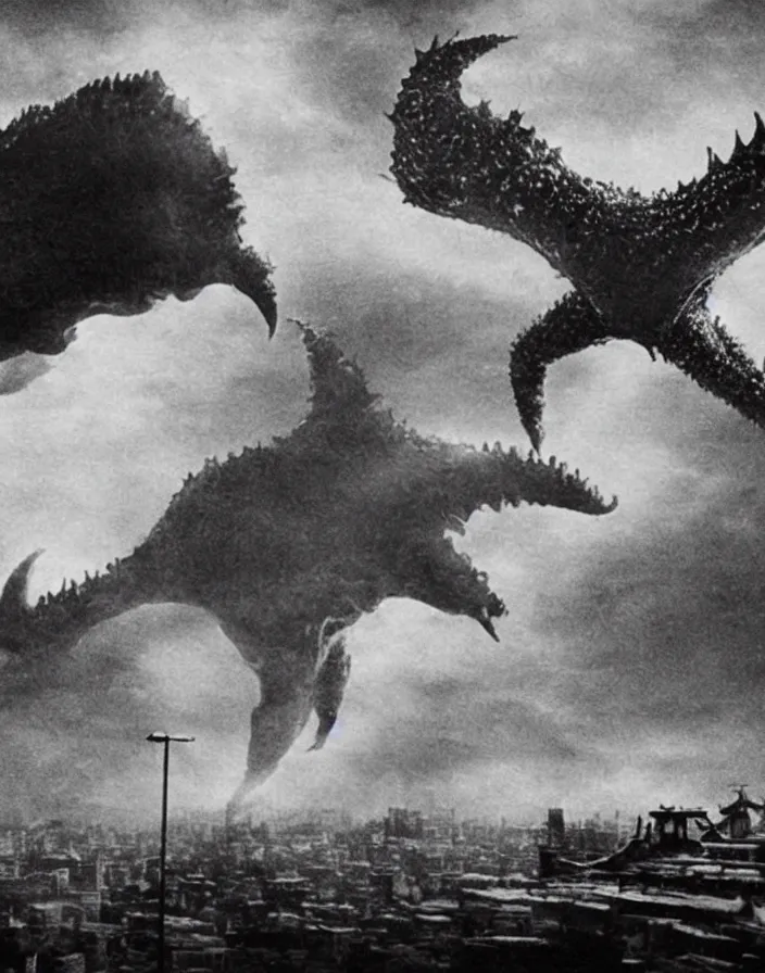 Image similar to a filmstill of a north korean monster movie, kaiju - eiga monster with starfish - arms trampling a traditional korean palace, foggy, film noir, epic battle, etheral, explosions, communist propaganda, communist epic thriller produced by kim jong - il, cinematography by akira kurosawa and tim burton, video compression