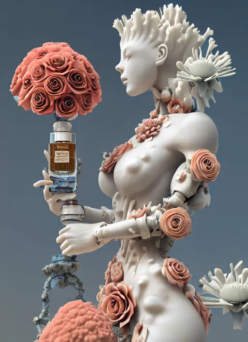 Prompt: biomechanical corals, daisies, roses in sea foam water, well contoured smooth fair walls with marble statue, carrying a bottle of perfume, up close shot, sharp focus, global illumination, radiant light, alexandre ferra white mecha, irakli nadar, octane highly render, 4 k, ultra hd,