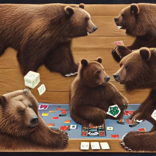 Prompt: brown bears playing a card's game, hyperrealism