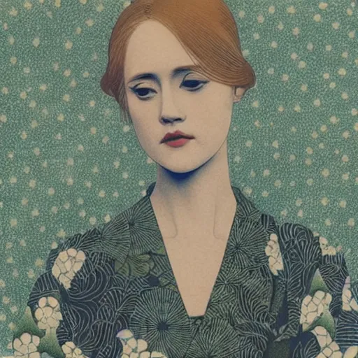 Prompt: “ evan rachel wood portrait by ikenaga yasunari and ayana otake and ko rakusui, 6 0 s poster, drawing, realistic, sharp focus, japanese, dreamy, nostalgia, faded, golden hues, floral clothes, porcelain skin ”