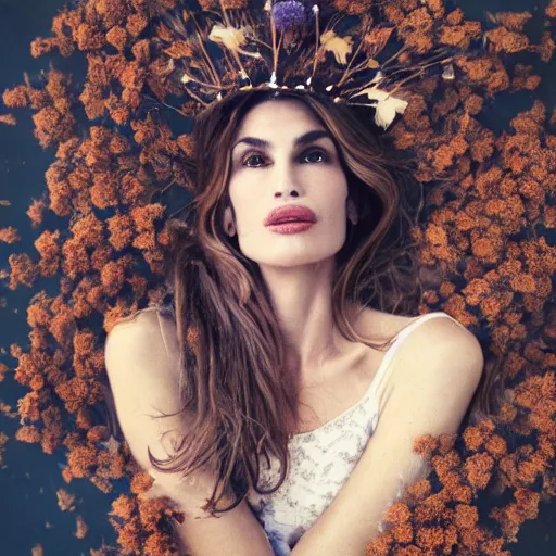 Image similar to fine art photo of cindy crawford, she has a crown of dried flowers, by oleg oprisco