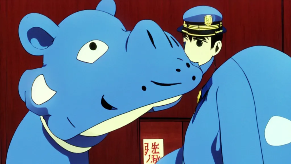 Prompt: a cop wearing a blue hippo mask standing in a police station, anime film still from the an anime directed by Katsuhiro Otomo with art direction by Salvador Dalí, wide lens