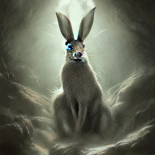 Prompt: hare with glowing white eyes, hyperdetailed, artstation, cgsociety, by greg rutkowski, by Gustave Dore