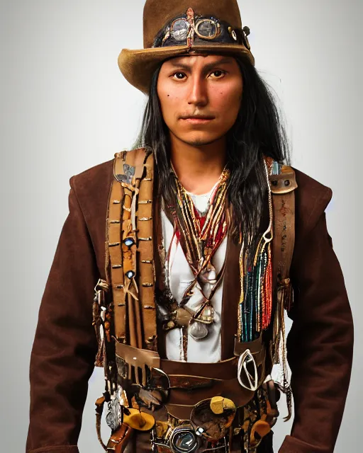 Image similar to young thin native American Indian man, wearing cargo buckskin jacket buckskin tactical toolbelt pockets bandolier full of trinket and baubles, steampunk arcane shaman, deadlands, weird west
