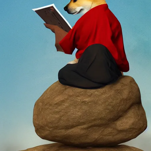 Image similar to a shiba inu monk reads a magazine on a rock, artstation