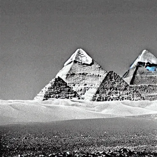 Prompt: Never before seen photo of the great pyramids of Giza on the moon, 1956 photo, black and white